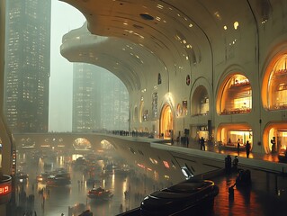 Futuristic city plaza at night, rain, architecture.