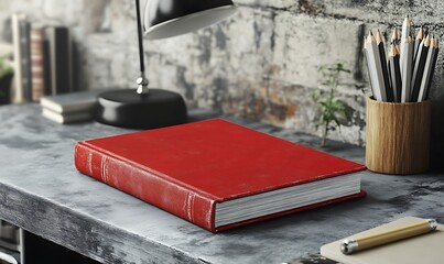 Red hardcover book rests on a gray desk near pencils in a wooden holder and a desk lamp.