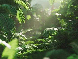 lush tropical rainforest, sunlight dappled, vibrant green undergrowth