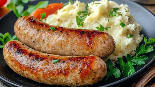 Grilled Sausages, creamy mashed potatoes and fresh parsley. Savory fried sausages and garnish, lunch or dinner. Bratwurst Barbecue. Meat product. Catering. Traditional British dishes, bangers and mash
