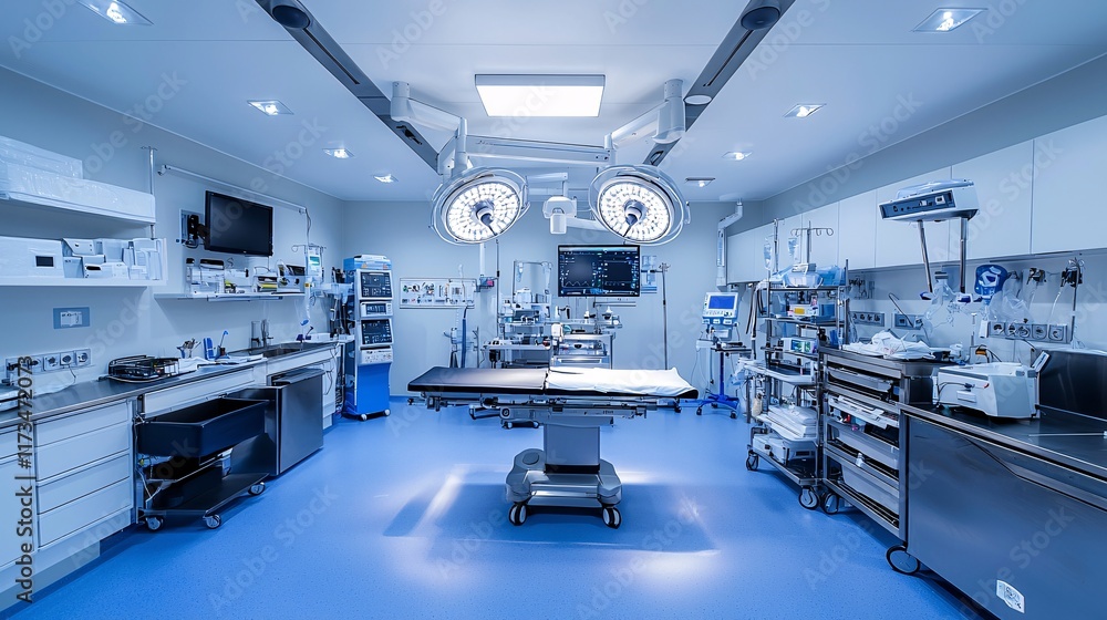 Poster sterile instruments and heart surgery setup in a modern operating room stock photo with side copy sp