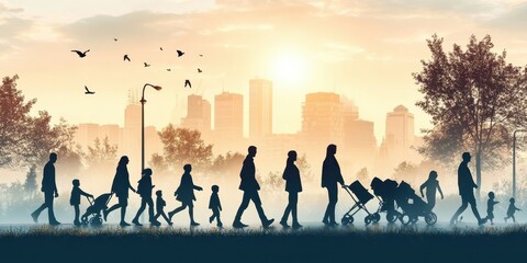 Fototapeta premium Urban silhouettes, city skyline, walking people, diverse crowd, lamp posts, birds flying, sunset sky, sepia tones, nostalgic atmosphere, reflective pavement, trees, autumn mood, daily commute, urban l