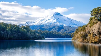 Scenic view of a snow capped mountain reflecting on the calm lake of a national park, surrounded by lush vegetation, creating a peaceful and awe-inspiring landscape