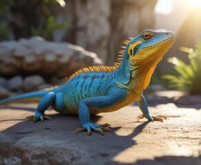 Fototapeta premium Yellow and blue lizard in outdoor setting with sunlight , landscape, environment, scenery