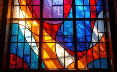 A vibrant abstract stained glass window, showcasing a kaleidoscope of colors and intricate patterns.