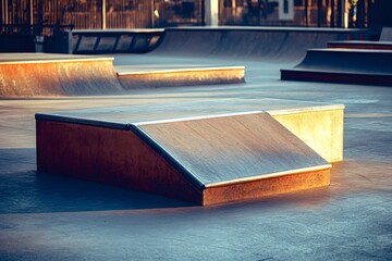 Sunlight illuminates a weathered funbox with metal coping in a skatepark, showcasing ramps and urban elements, creating a dynamic scene for skateboarding and urban sports