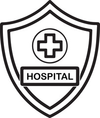 Hospital icon and logo silhouette vector art with medical elements on a white background.