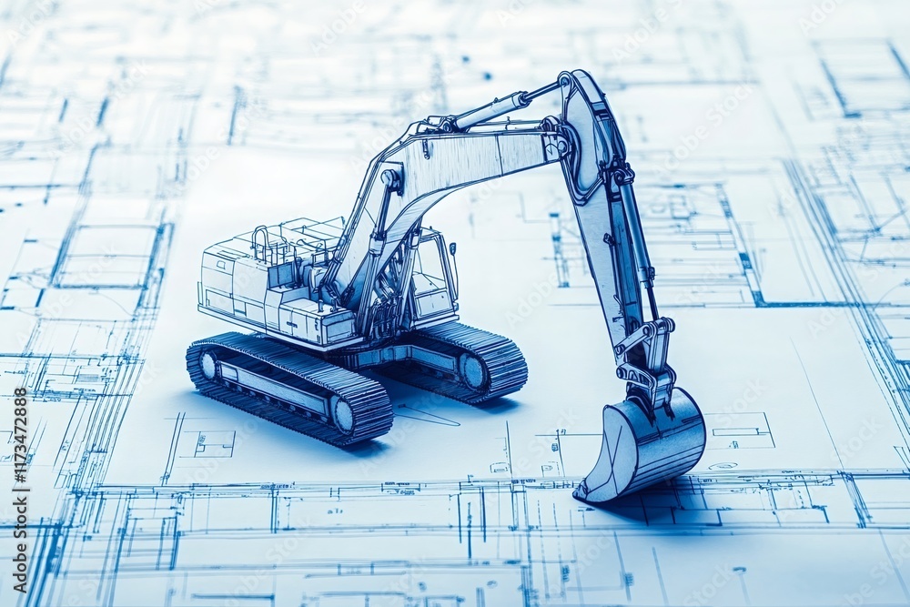 Poster miniature excavator model resting on architectural drawings, representing the planning and execution