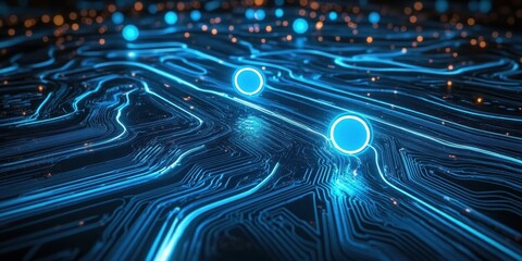 Futuristic highway, glowing blue light trails, digital city landscape, aerial view, neon technology, interconnected network, smart city concept, cyberpunk aesthetic, data visualization, urban infrastr