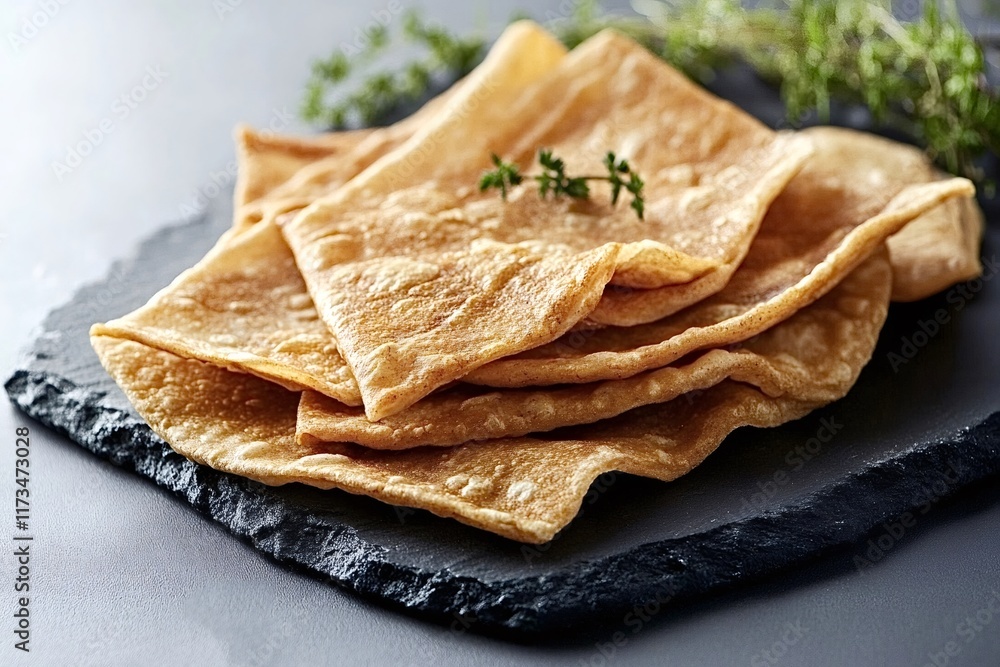 Poster thin whole wheat pancakes are stacked on a dark slate surface, garnished with a fresh thyme sprig, c