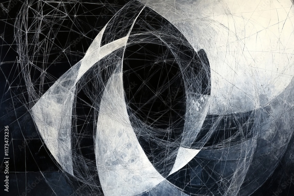 Poster this abstract artwork features a complex interplay of shapes and lines in a monochromatic palette, c