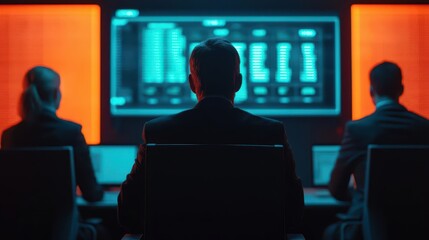 Professional team in a futuristic office discussing sector fund performance, holographic data charts projected