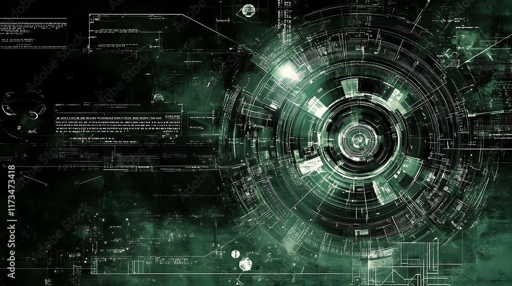 Poster abstract digital technology green concentric circles data interface