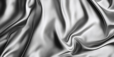 Silky smooth fabric texture, dark gray satin, flowing curves, dramatic folds, luxurious drapery, high contrast lighting, close-up detail, abstract background, shimmering surface, monochromatic, elegan