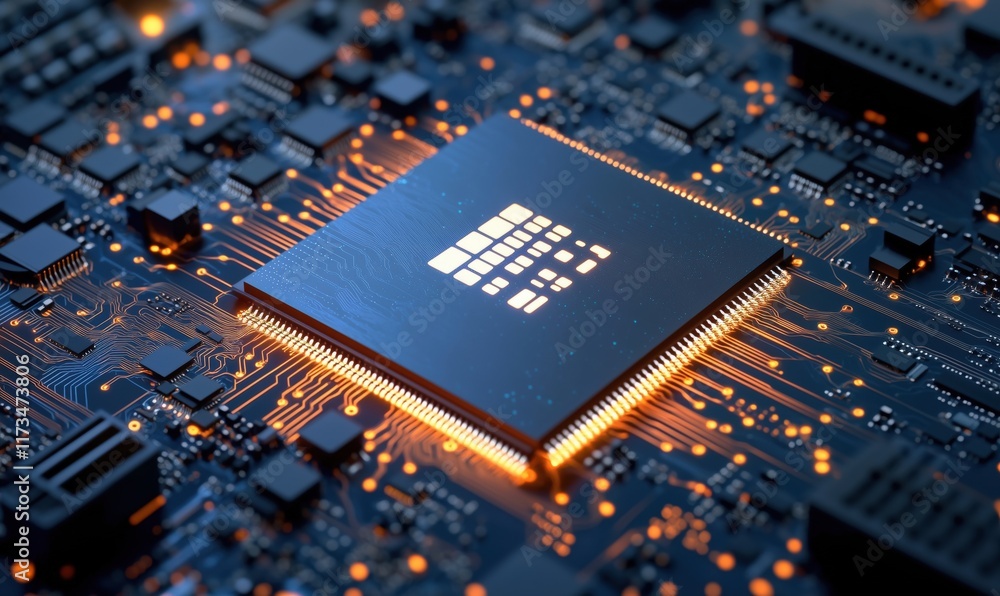 Poster microchip on circuit board with glowing connections and complex design, showcasing advanced technolo