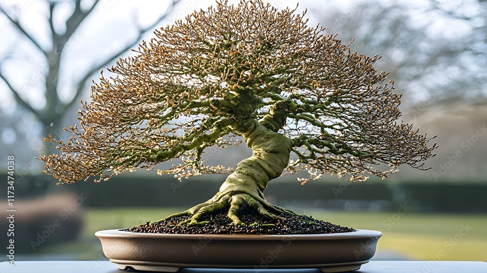 Poster intricate bonsai tree with delicate branches displayed on an office desk under soft lighting creatin