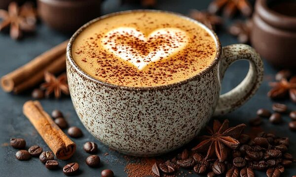 A cozy cup of coffee with a heart design on top, surrounded by spices and coffee beans.