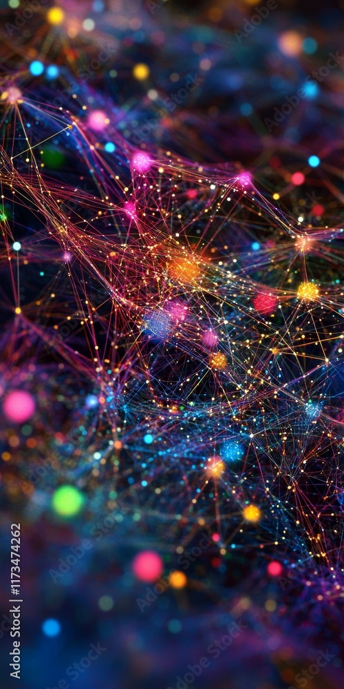 Poster explore a vibrant abstract pattern showcasing colorful data points in a dynamic digital network. ide
