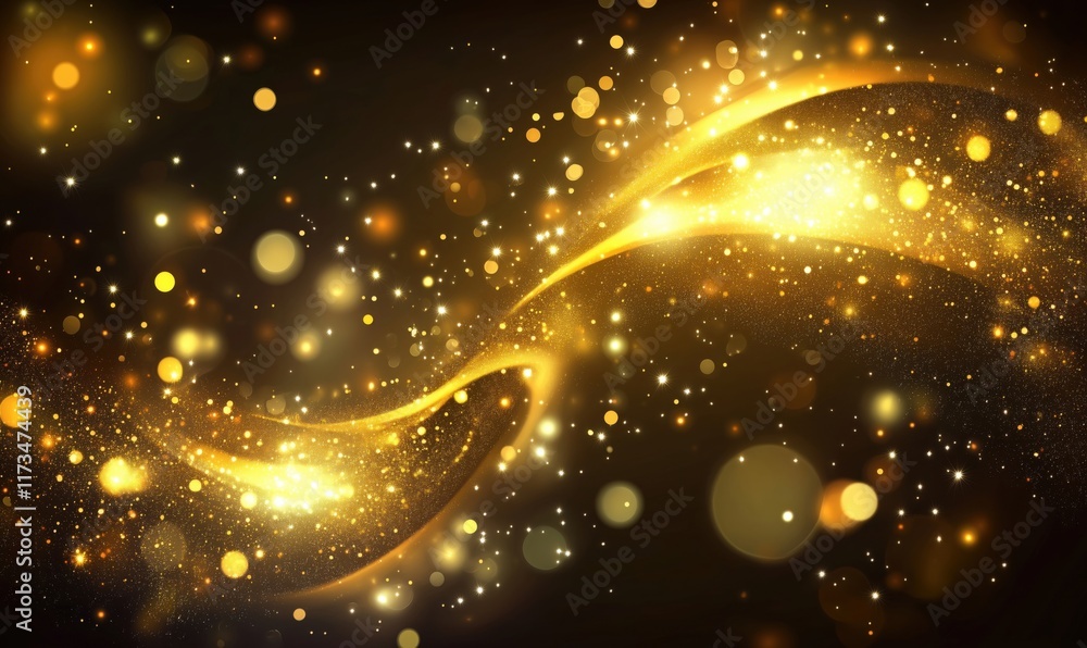 Poster golden sparkling wave with glowing particles and bokeh effect in dark background