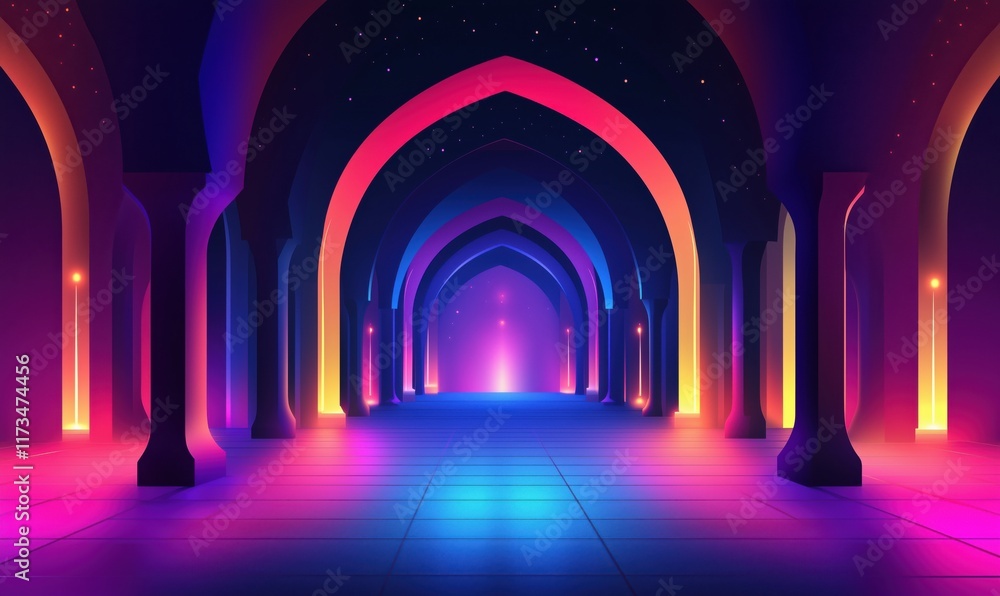 Aufkleber vibrant illuminated archway corridor with colorful lighting and starry ceiling, creating a mystical 