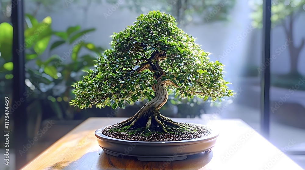 Poster bonsai tree displayed on a desk near a window with natural lighting creating a peaceful and zen like