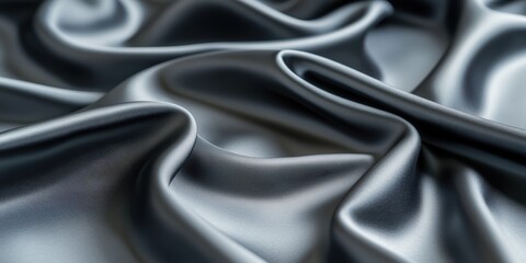 Silky smooth fabric texture, dark gray satin, flowing curves, dramatic folds, luxurious drapery, high contrast lighting, close-up detail, abstract background, shimmering surface, monochromatic, elegan