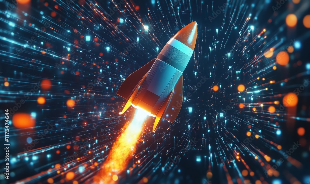 Aufkleber rocket launching into space with colorful light trails and dynamic motion effects