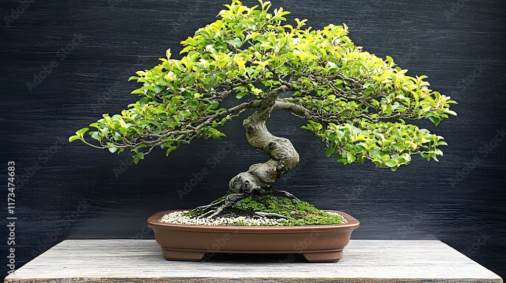 Poster elegant and miniature bonsai tree set on a wooden shelf creating a serene and nature inspired ambian