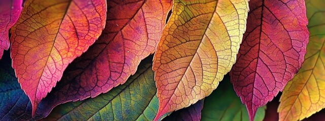 Obraz premium colorful autumn leaves, macro photography, vibrant colors, red green yellow orange, leaf veins, textured, high detail, dramatic lighting, nature close-up, seasonal foliage, overlapping leaves, botanic