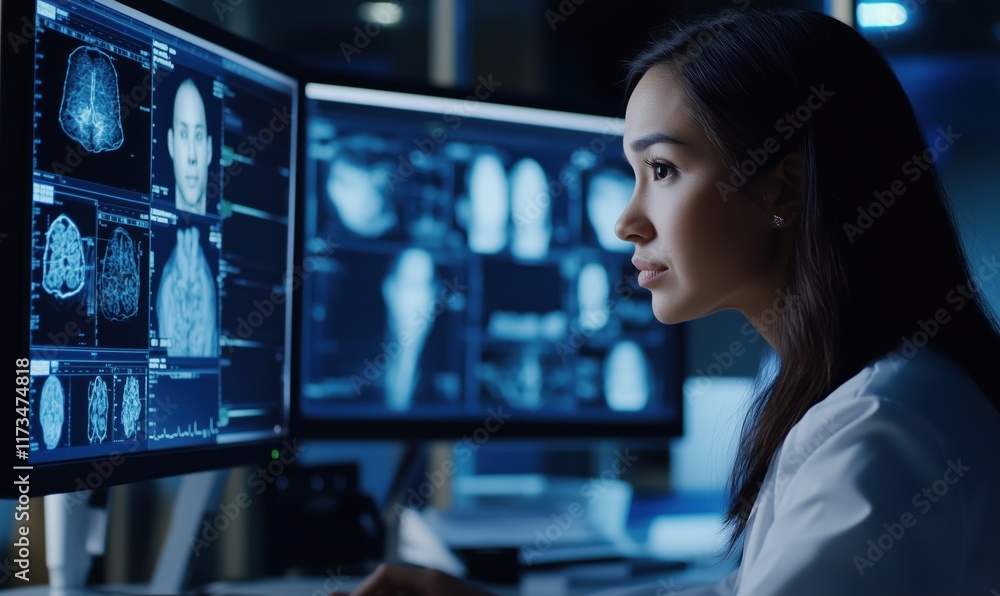 Poster medical professional analyzing brain scans and medical imaging data on multiple monitors in a darken