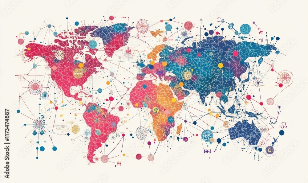 Poster colorful geometric world map with network connections and data points representing global interactio