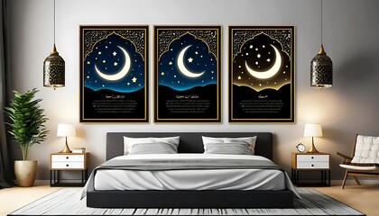 Crescent Moon Night Sky Triptych Bedroom Decor