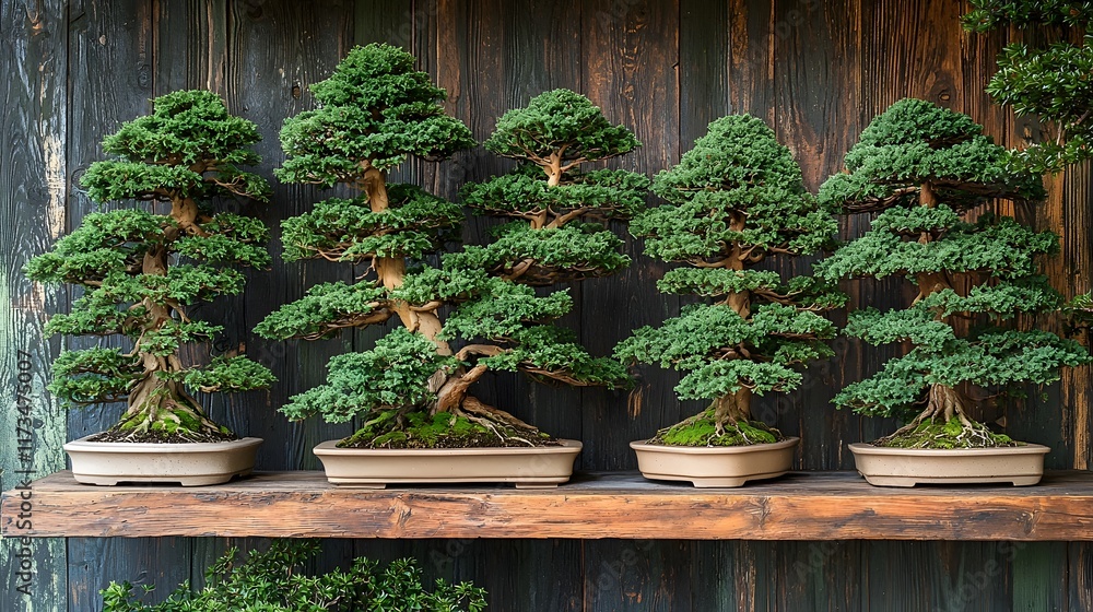 Poster elegant bonsai trees carefully arranged and displayed on a wooden shelf in a professional workspace 