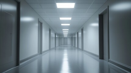 A long, empty hallway featuring white walls and bright ceiling lights creates a tranquil and modern atmosphere ideal for various projects.