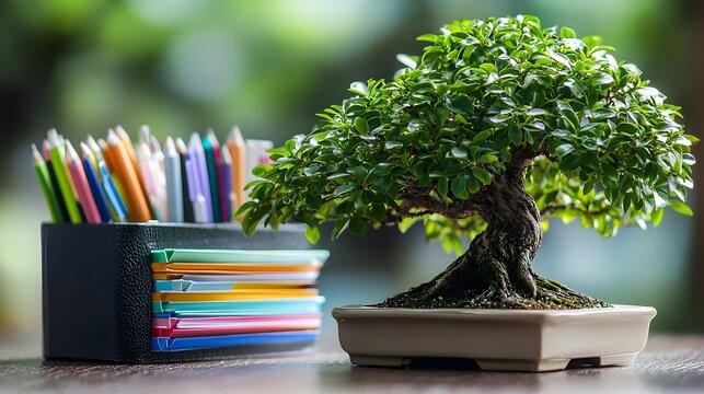Close up view of a lush flourishing bonsai tree artfully arranged alongside a collection of colorful office stationery items on a rustic wooden desk surface