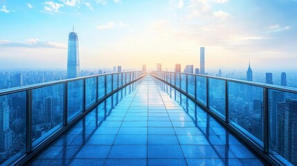 Obraz premium Rooftop walkway with cityscape view at sunrise.