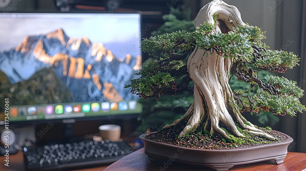 Poster cozy and elegant bonsai tree display near desktop computer monitor in productive office workspace en
