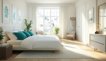 Fototapeta premium Modern White Bedroom Interior Design Sunlit Room Minimalist Decor Teal Accents