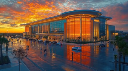 Drone shot of convention center exterior with arriving attendees