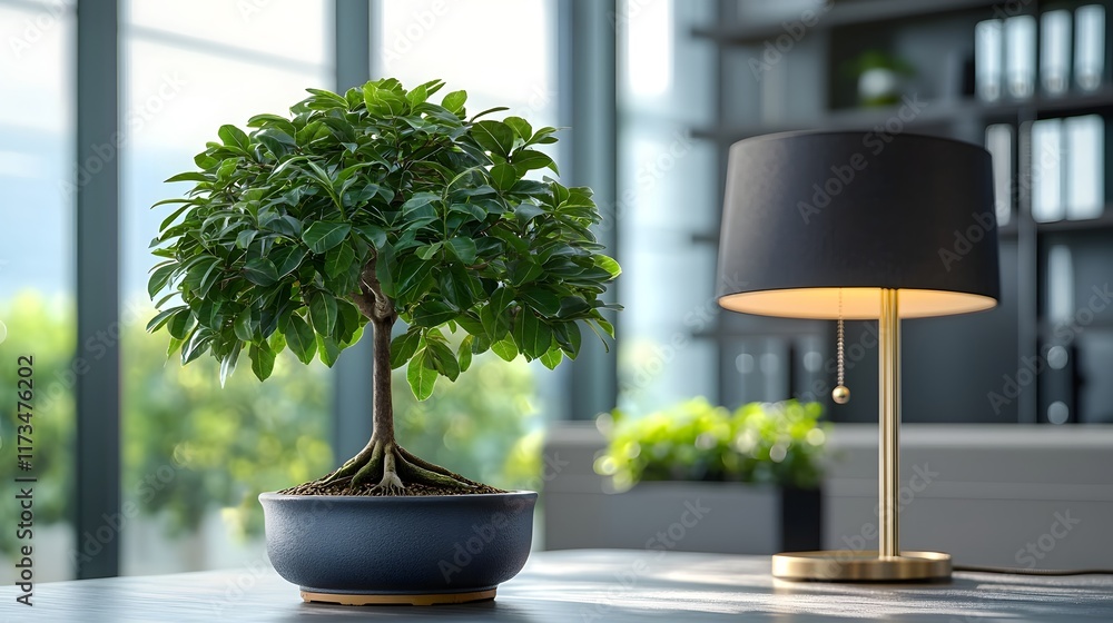 Poster bonsai tree placed next to a stylish desk lamp on an executive office desk creating a serene and pro