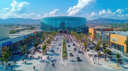 Drone shot of convention center exterior with arriving attendees