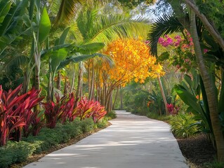 Obraz premium autumnal pathway: a road through a vibrant forest of yellow and red trees