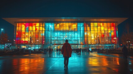 Drone shot of convention center exterior with arriving attendees