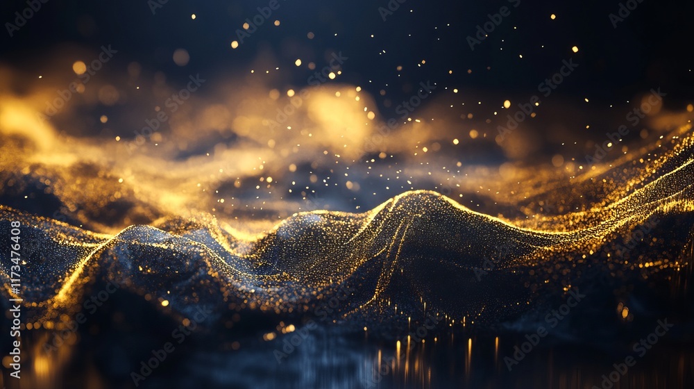 Poster this captivating abstract image features golden sparkles dancing across a dark surface, creating a d