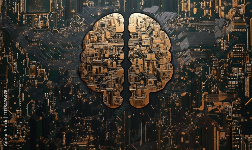 Poster artificial intelligence brain design merging technology and neural networks, intricate circuit patte