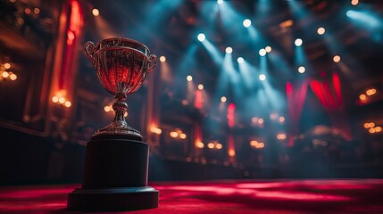Award ceremony preparation, trophies on display, elegant stage lighting