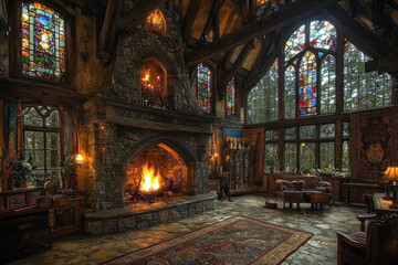 Cozy gothic castle great hall interior with fireplace, stained glass, forest view