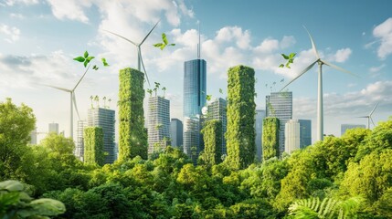 Fototapeta premium A futuristic city powered by renewable energy, with wind turbines, solar panels, and lush vertical gardens integrating nature and technology