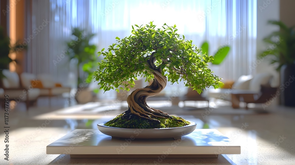 Poster bonsai tree displayed on a low table in a serene office relaxation space creating a peaceful harmoni