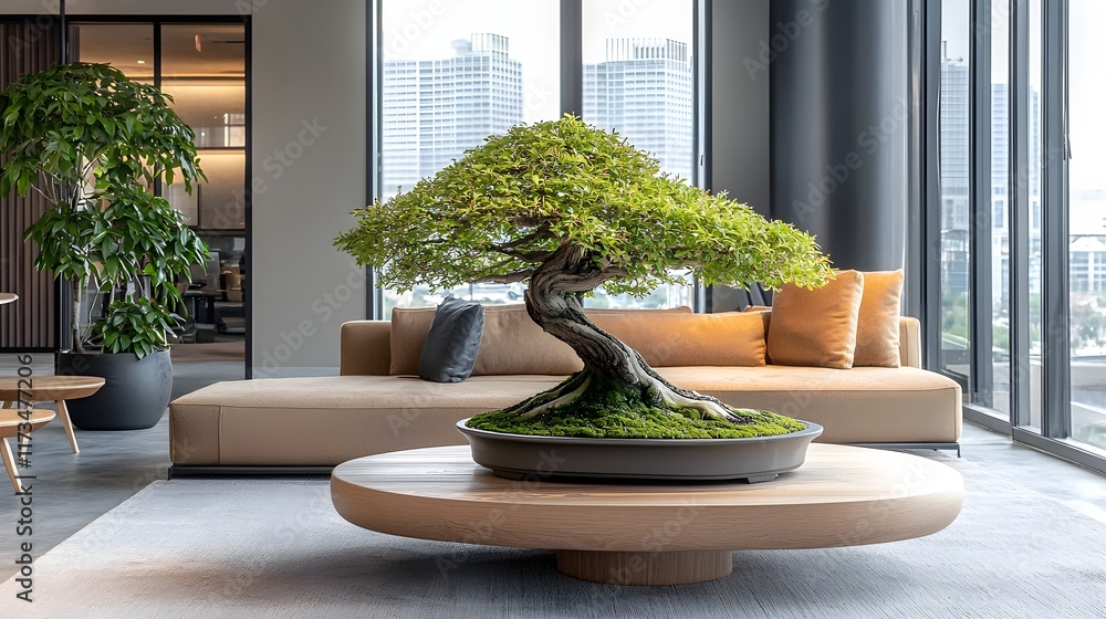 Poster bonsai tree displayed on a low wooden table in a modern office relaxation area creating a calming an